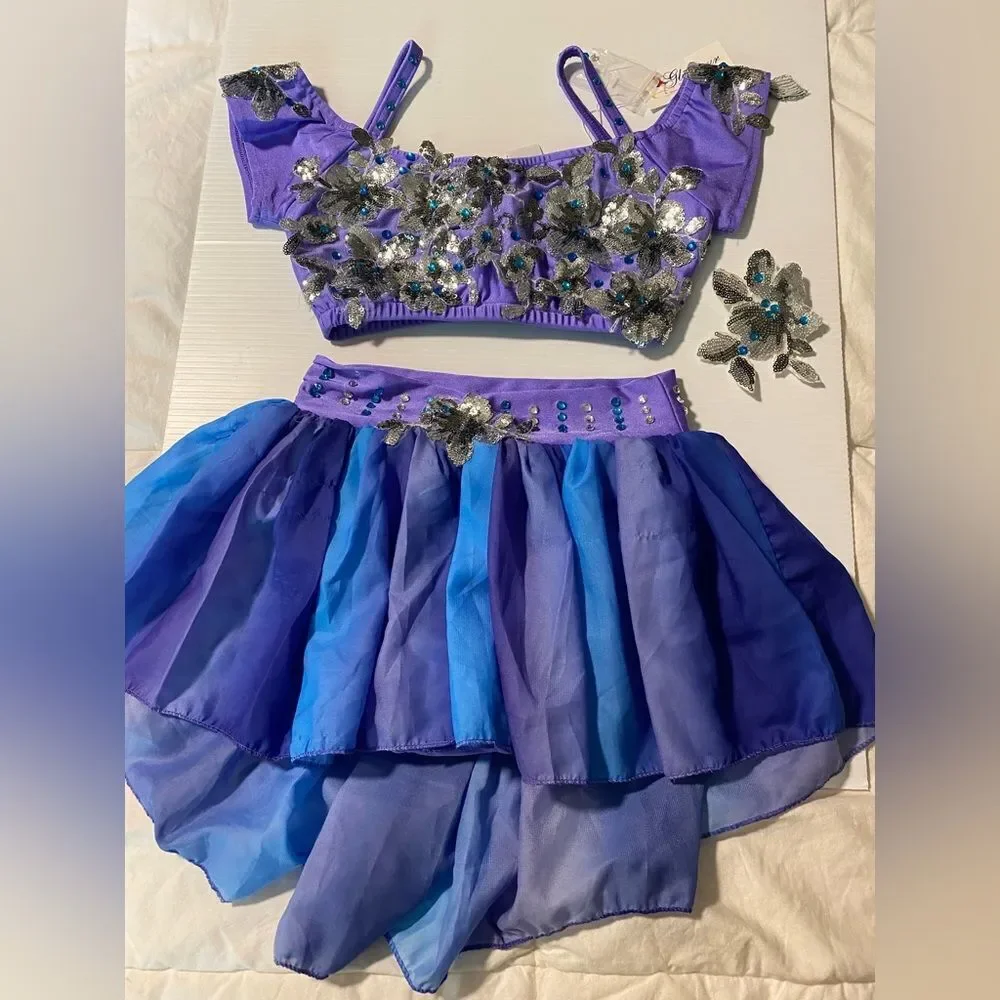 Glamour solo dance costume blue 2 piece lyrical skirt top 5443 LC child NEW